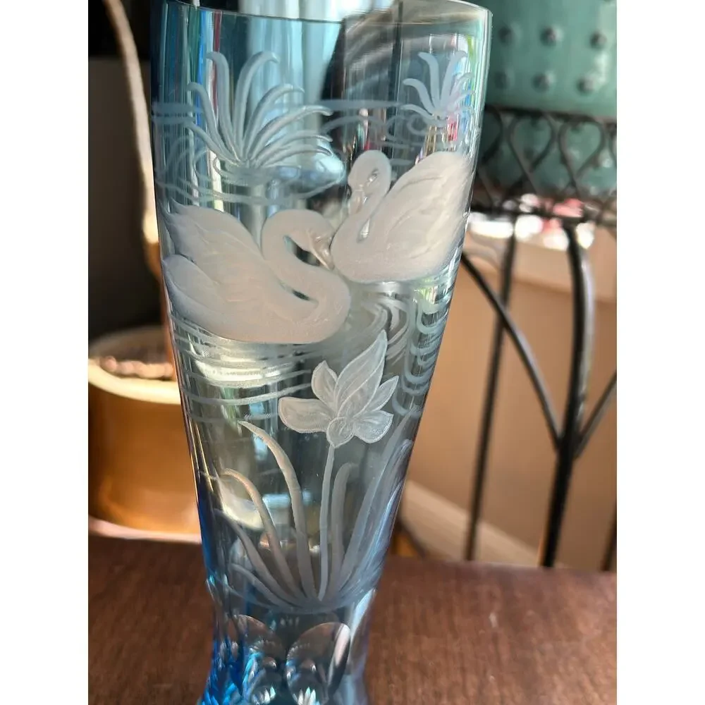 New Vintage blue cut to clear glass bud vase etched swans